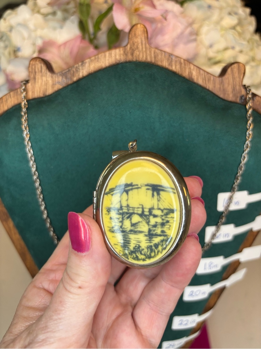 Vintage Yellow Scenic Bridge Oval Locket Pendant Silver Necklace